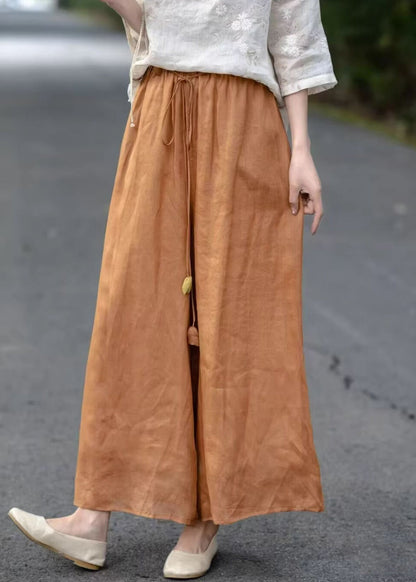 Crop Elastic Waist Orange Pockets Pants Summer Cotton