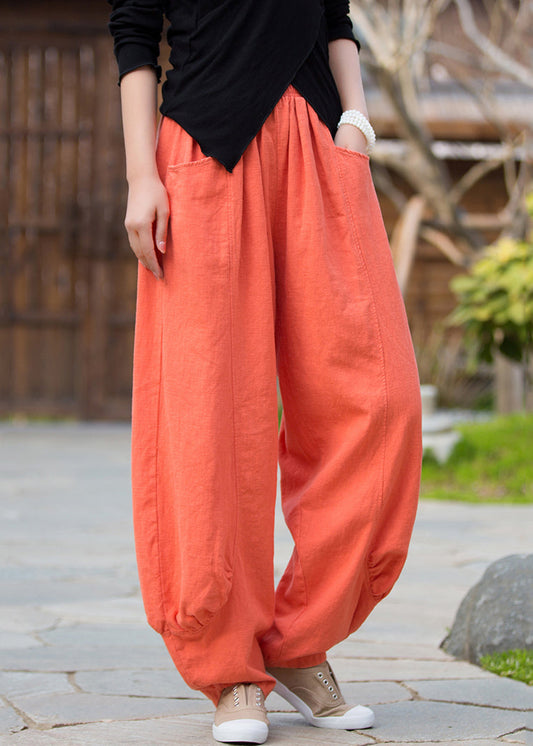 Orange Pockets Linen Pants High Waist Qe020