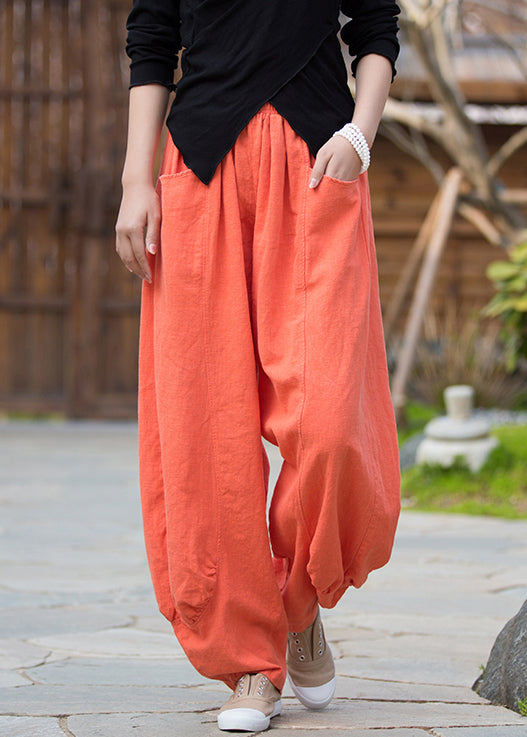 Orange Pockets Linen Pants High Waist Qe020