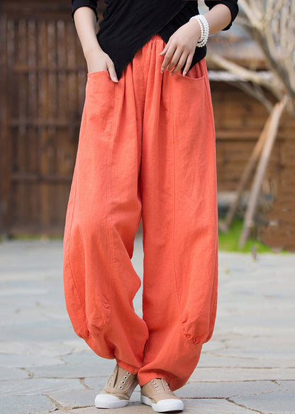 Orange Pockets Linen Pants High Waist Qe020