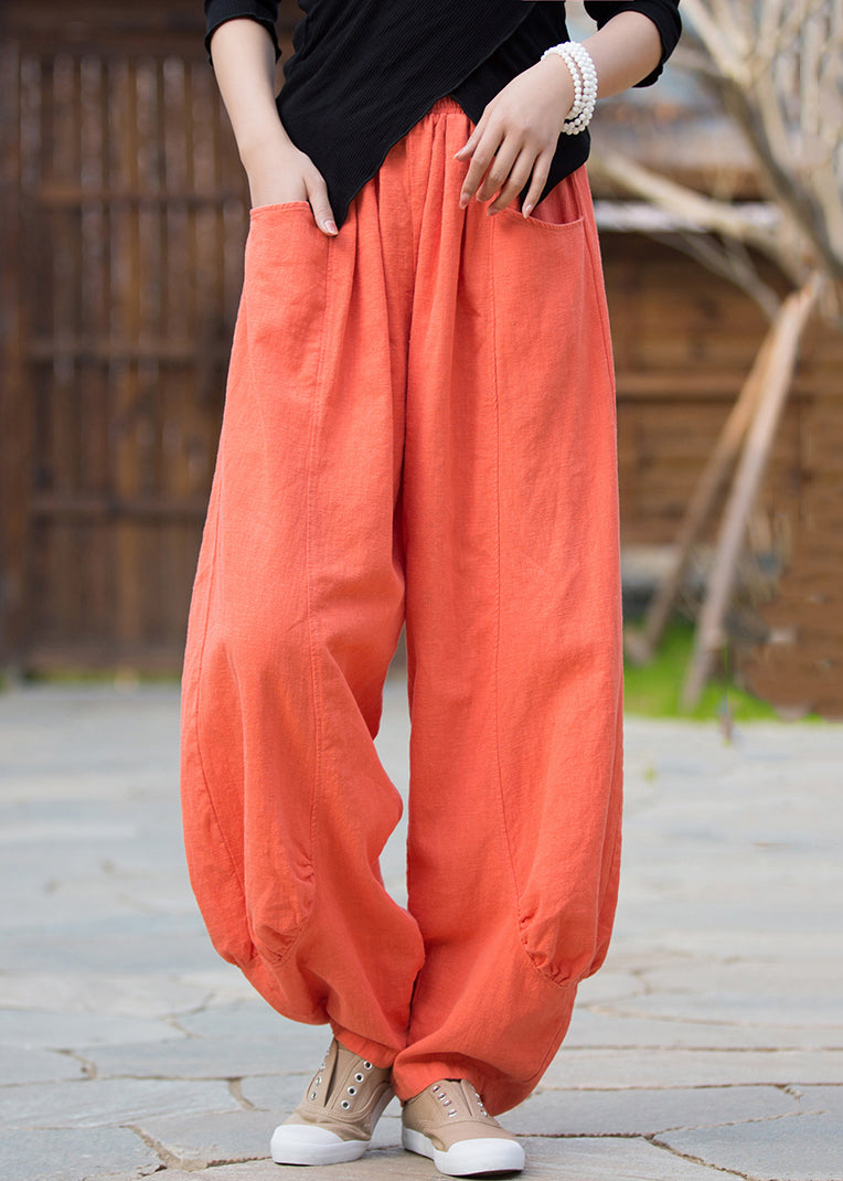 Orange Pockets Linen Pants High Waist Qe020