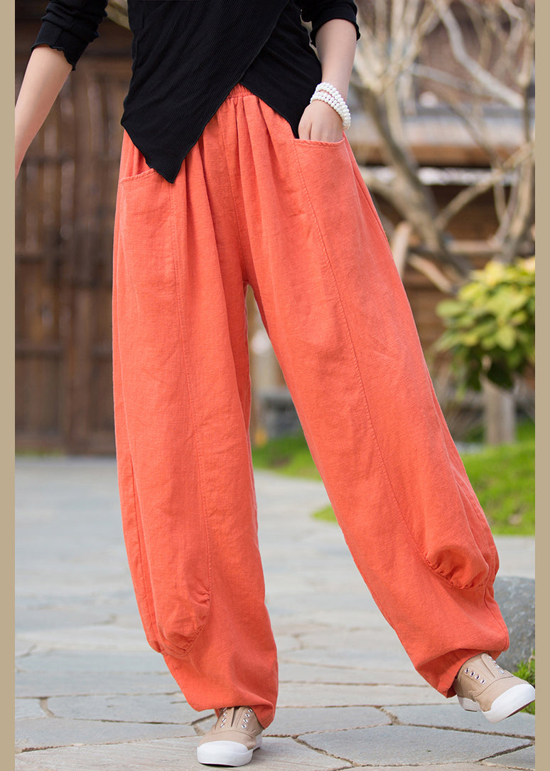 Orange Pockets Linen Pants High Waist Qe020