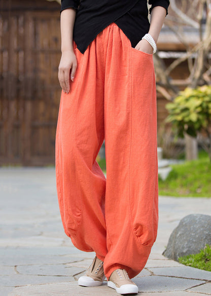Orange Pockets Linen Pants High Waist Qe020