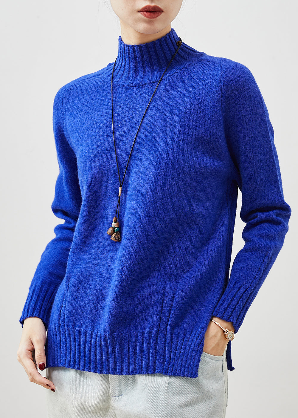 Organic Blue High Neck Side Open Knit Sweater Spring Yu1065