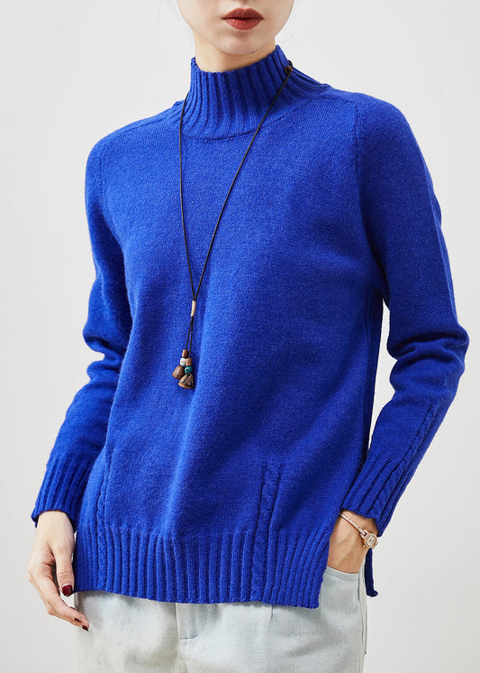 Organic Blue High Neck Side Open Knit Sweater Spring Yu1065
