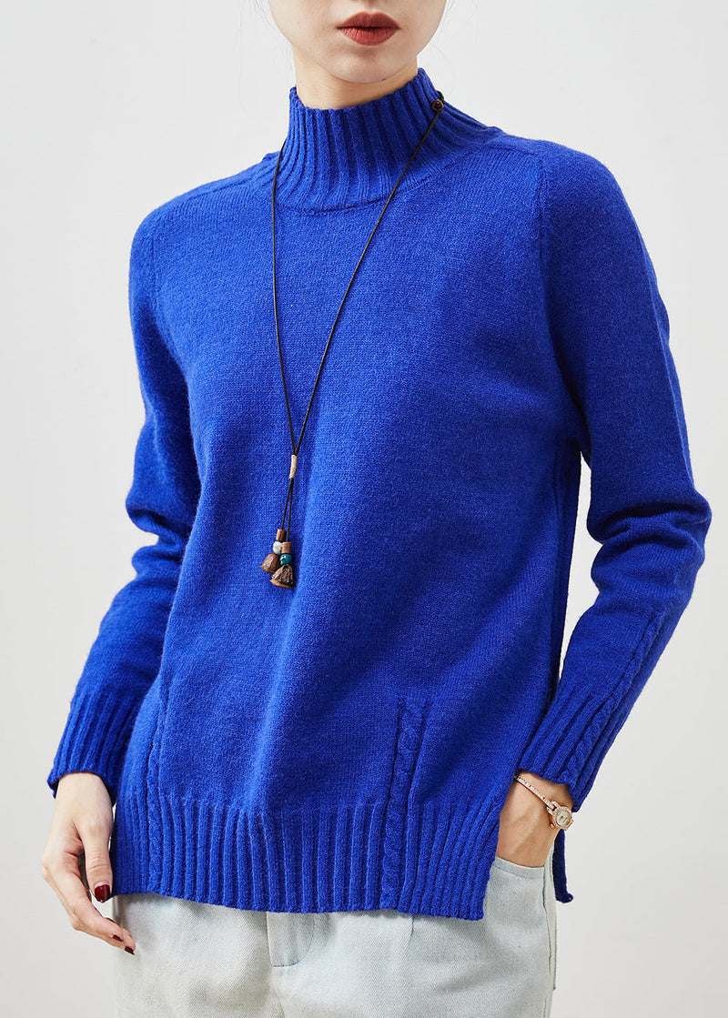 Organic Blue High Neck Side Open Knit Sweater Spring Yu1065