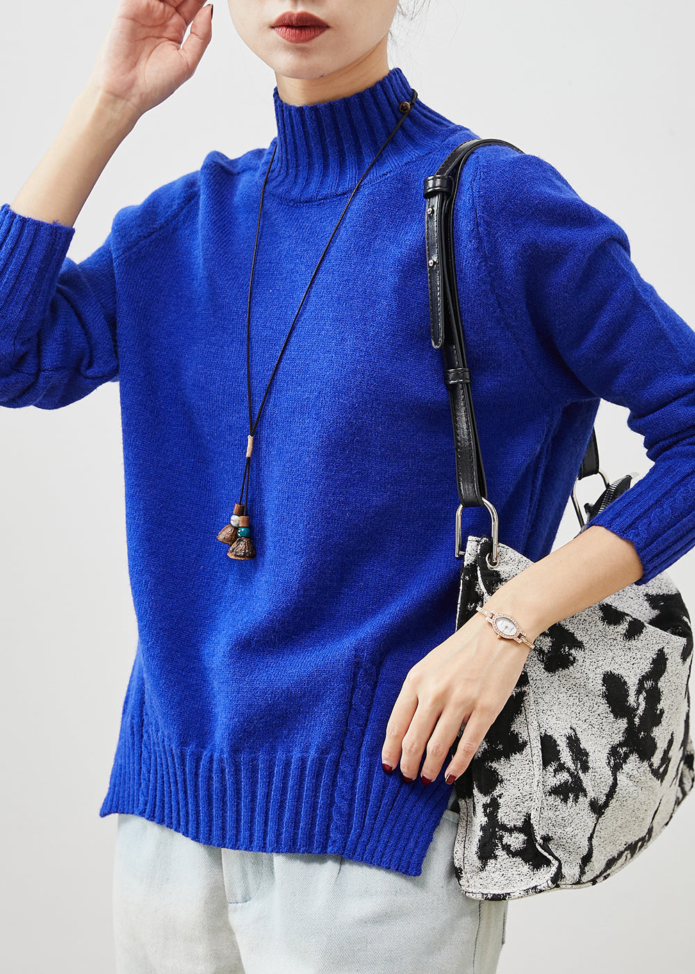 Organic Blue High Neck Side Open Knit Sweater Spring Yu1065