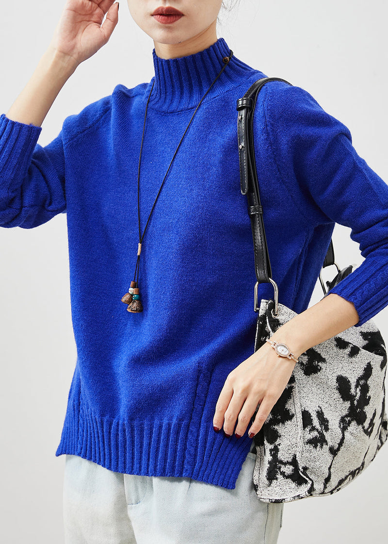 Organic Blue High Neck Side Open Knit Sweater Spring Yu1065