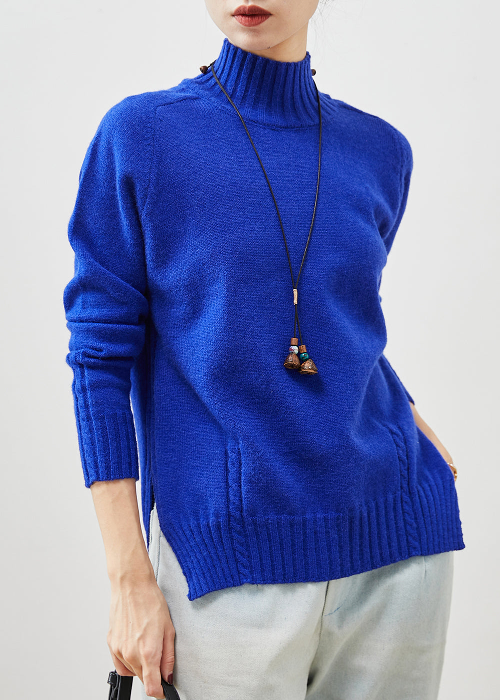 Organic Blue High Neck Side Open Knit Sweater Spring Yu1065