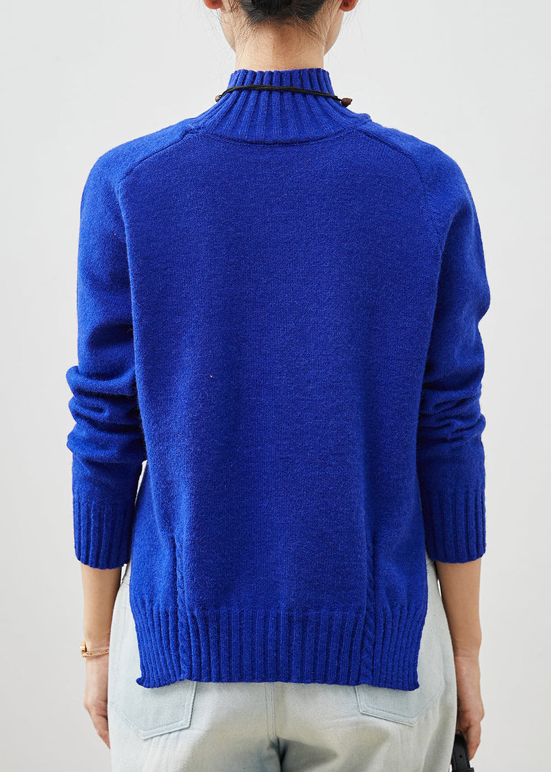 Organic Blue High Neck Side Open Knit Sweater Spring Yu1065