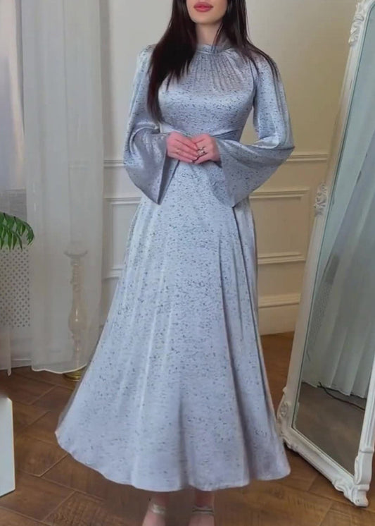Organic Blue Lace Up Print Silk Maxi Dresses Fall Ql035