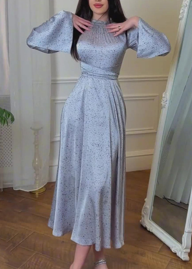 Organic Blue Lace Up Print Silk Maxi Dresses Fall Ql035