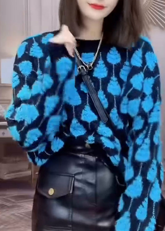 Organic Blue O-neck Patchwork Thick Cotton Knit Sweater Winter Rk010