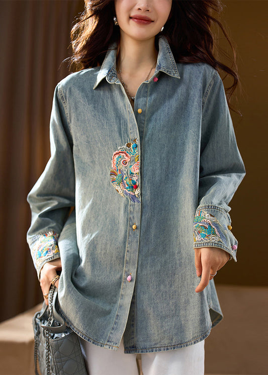 Organic Blue Peter Pan Collar Embroidered Denim Coat Top Fall Ac1011