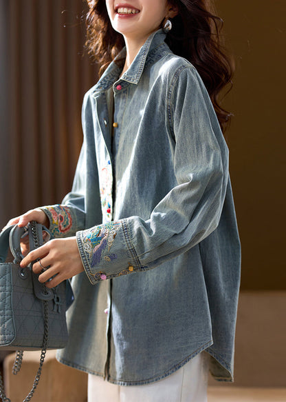 Organic Blue Peter Pan Collar Embroidered Denim Coat Top Fall Ac1011