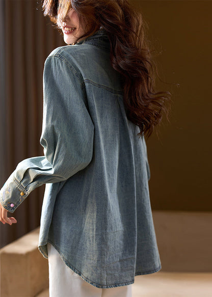 Organic Blue Peter Pan Collar Embroidered Denim Coat Top Fall Ac1011