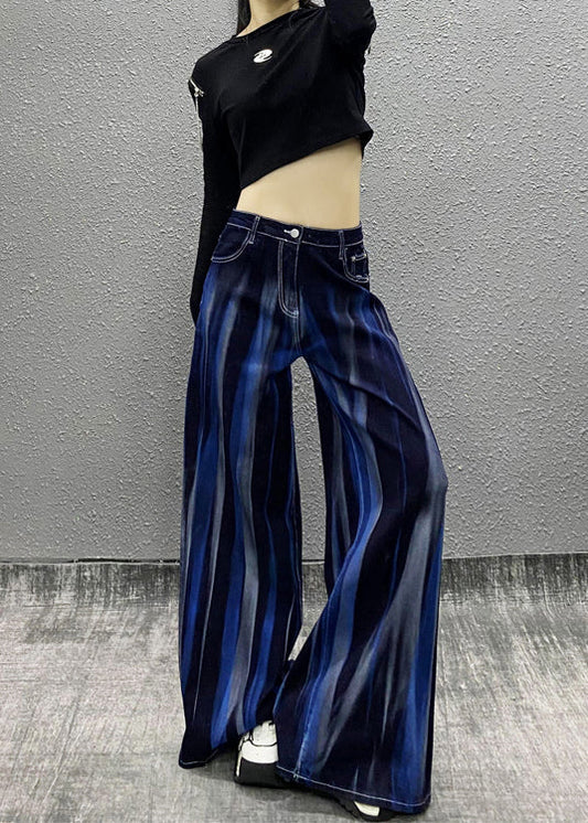 Organic Blue Pockets Tie Dye Denim Wide Leg Pants Fall Ri010