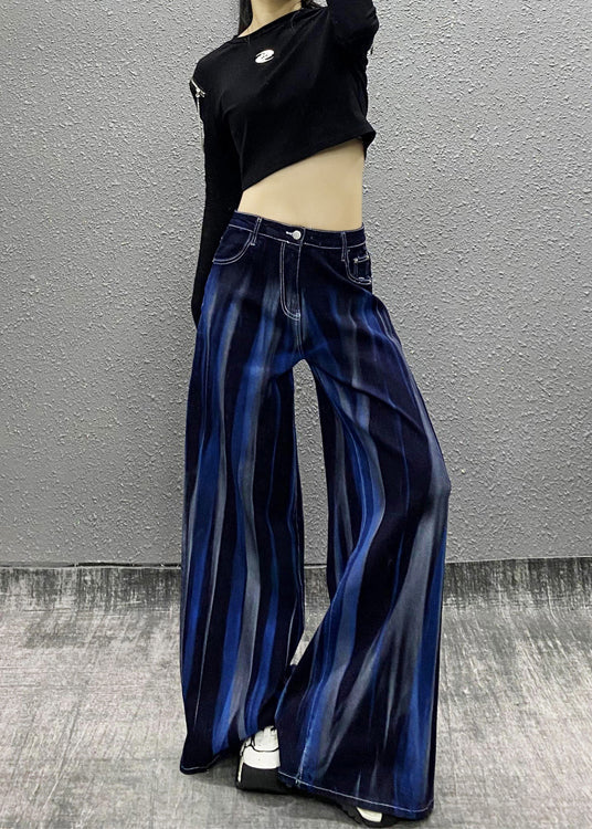 Organic Blue Pockets Tie Dye Denim Wide Leg Pants Fall Ri010