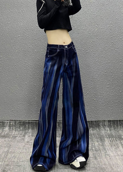 Organic Blue Pockets Tie Dye Denim Wide Leg Pants Fall Ri010