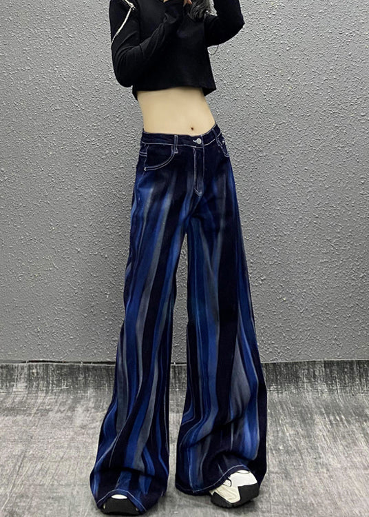 Organic Blue Pockets Tie Dye Denim Wide Leg Pants Fall Ri010
