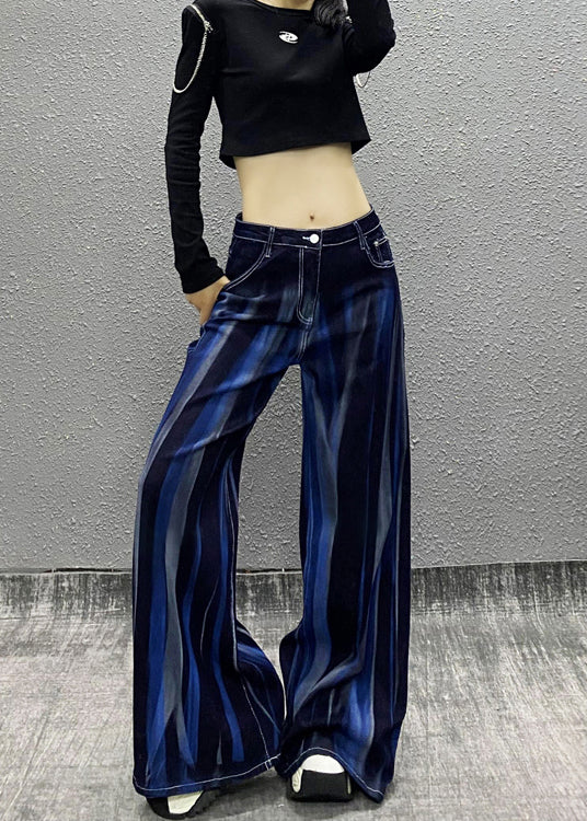 Organic Blue Pockets Tie Dye Denim Wide Leg Pants Fall Ri010