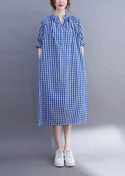 Organic Blue V Neck Plaid Cotton Long Dress Summer Ac2051