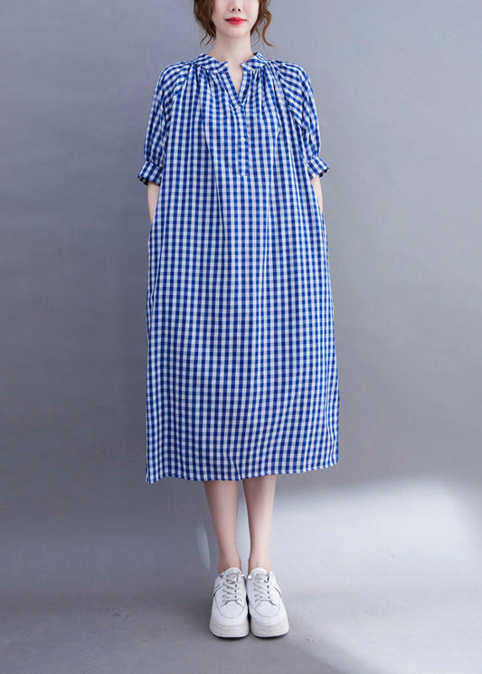 Organic Blue V Neck Plaid Cotton Long Dress Summer Ac2051