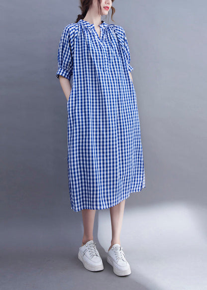 Organic Blue V Neck Plaid Cotton Long Dress Summer Ac2051