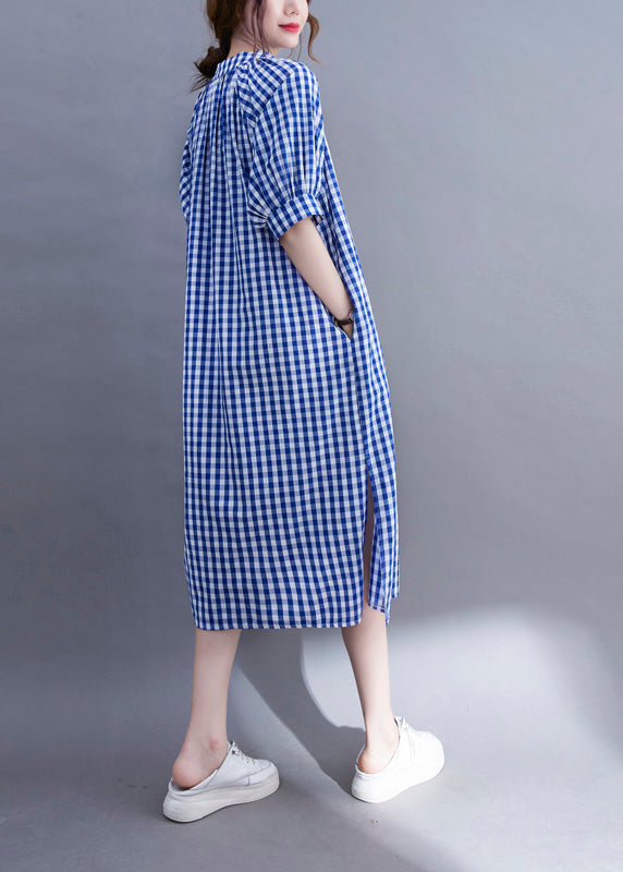 Organic Blue V Neck Plaid Cotton Long Dress Summer Ac2051