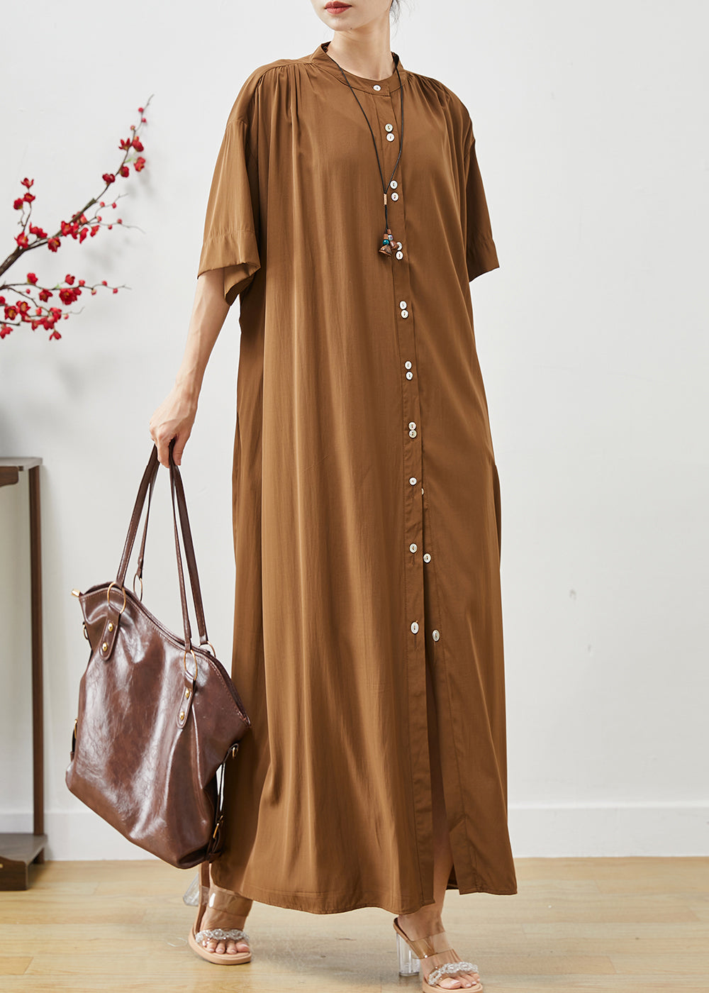 Organic Brown Oversized Cotton Maxi Dresses Summer Ap1071