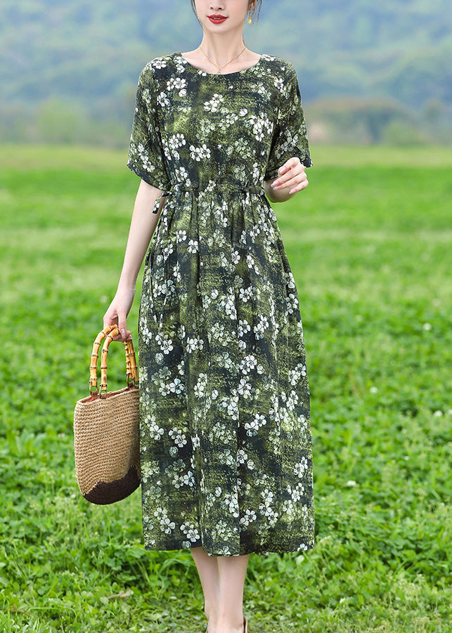 Organic Green O-neck Print Slim Tie Waist Linen Maxi Dresses Short Sleeve Ly1740