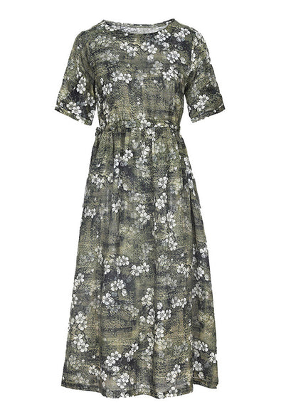 Organic Green O-neck Print Slim Tie Waist Linen Maxi Dresses Short Sleeve Ly1740
