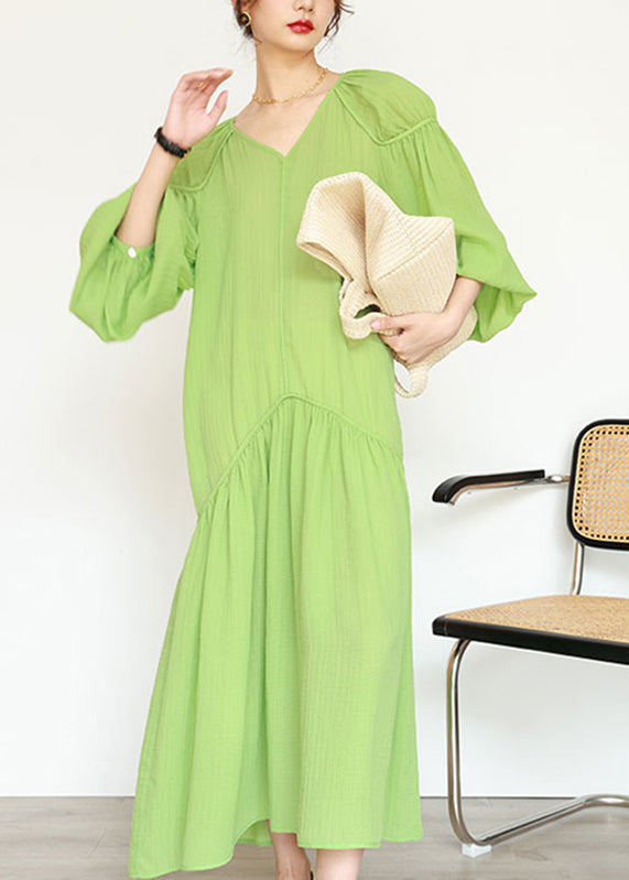 Organic Green V Neck Wrinkled Patchwork Long Dresses Lantern Sleeve Uu1039