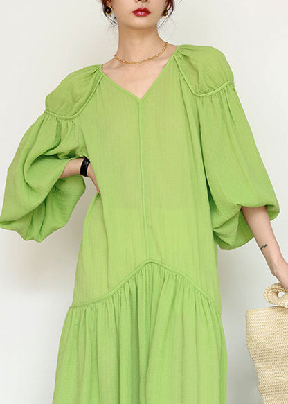 Organic Green V Neck Wrinkled Patchwork Long Dresses Lantern Sleeve Uu1039