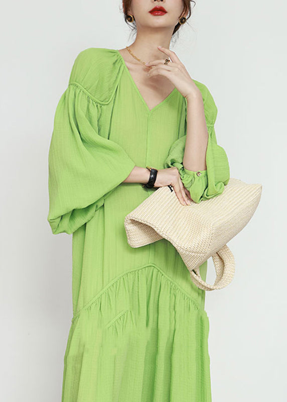 Organic Green V Neck Wrinkled Patchwork Long Dresses Lantern Sleeve Uu1039