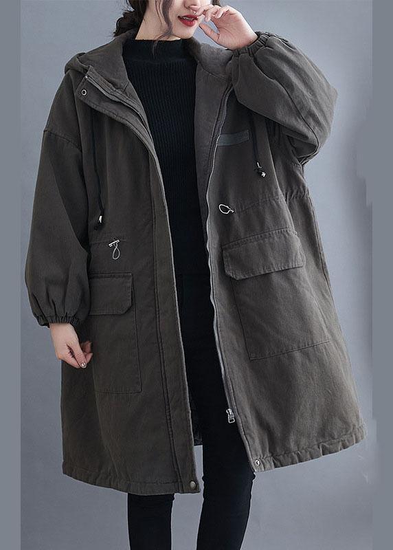 Organic Grey Hooded Zippered Pockets Winter Long Sleeve Coat Qs057