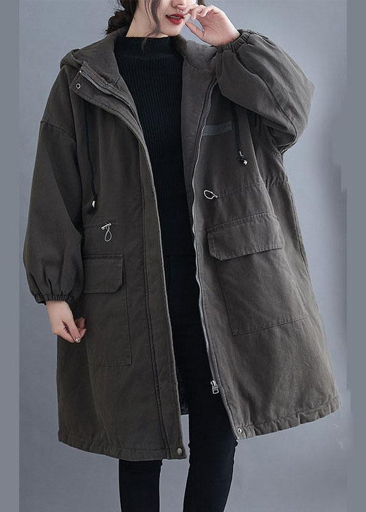 Organic Grey Hooded Zippered Pockets Winter Long Sleeve Coat Qs057