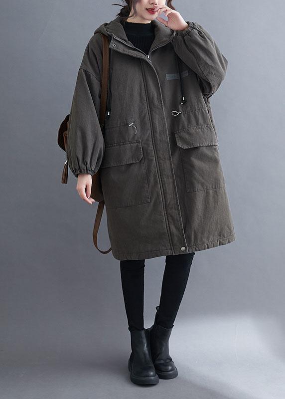 Organic Grey Hooded Zippered Pockets Winter Long Sleeve Coat Qs057