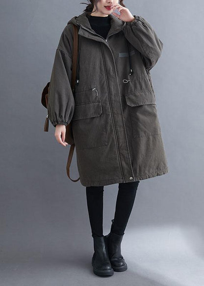 Organic Grey Hooded Zippered Pockets Winter Long Sleeve Coat Qs057