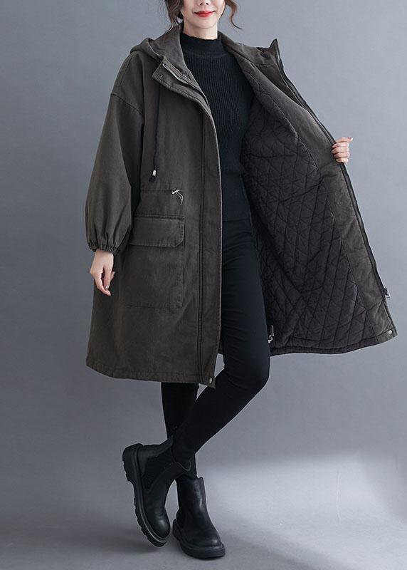 Organic Grey Hooded Zippered Pockets Winter Long Sleeve Coat Qs057