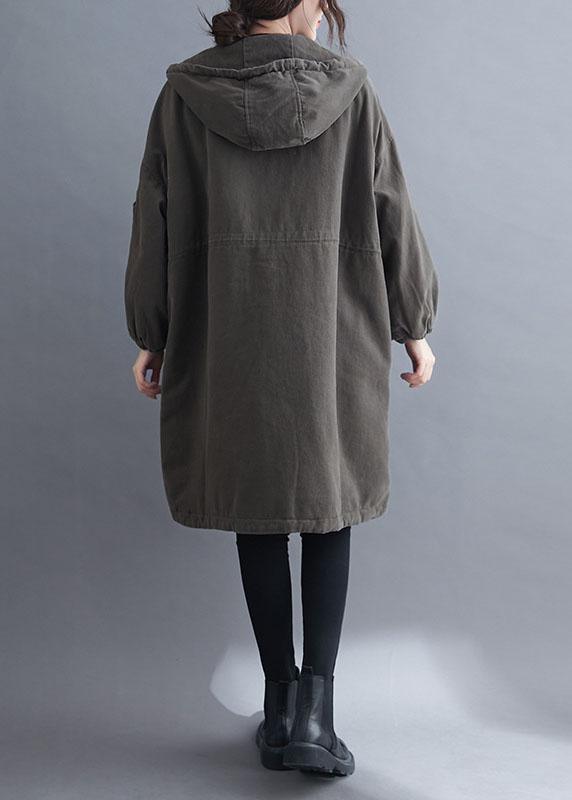 Organic Grey Hooded Zippered Pockets Winter Long Sleeve Coat Qs057