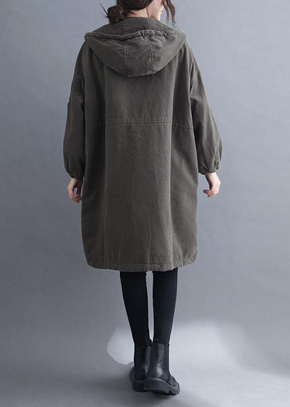 Organic Grey Hooded Zippered Pockets Winter Long Sleeve Coat Qs057