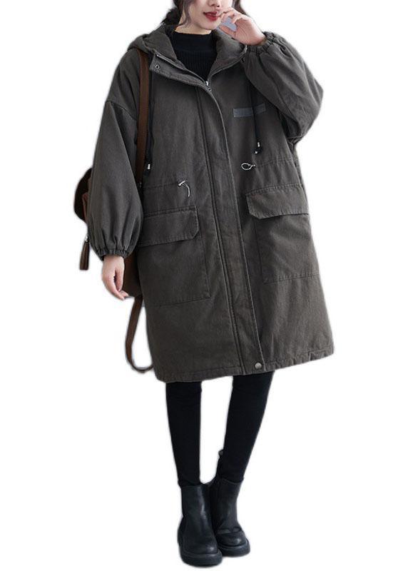 Organic Grey Hooded Zippered Pockets Winter Long Sleeve Coat Qs057
