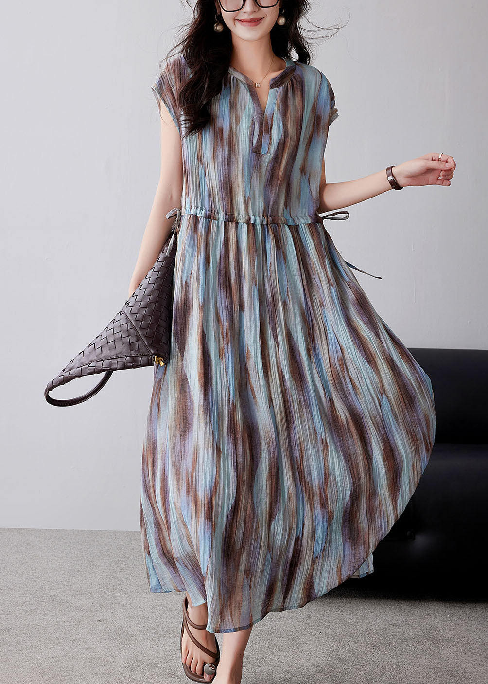 Organic Khaki Cinched Tie Dye Chiffon Maxi Dresses Summer Yy010