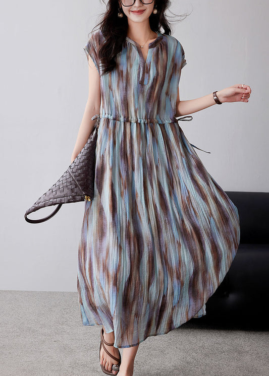 Organic Khaki Cinched Tie Dye Chiffon Maxi Dresses Summer Yy010