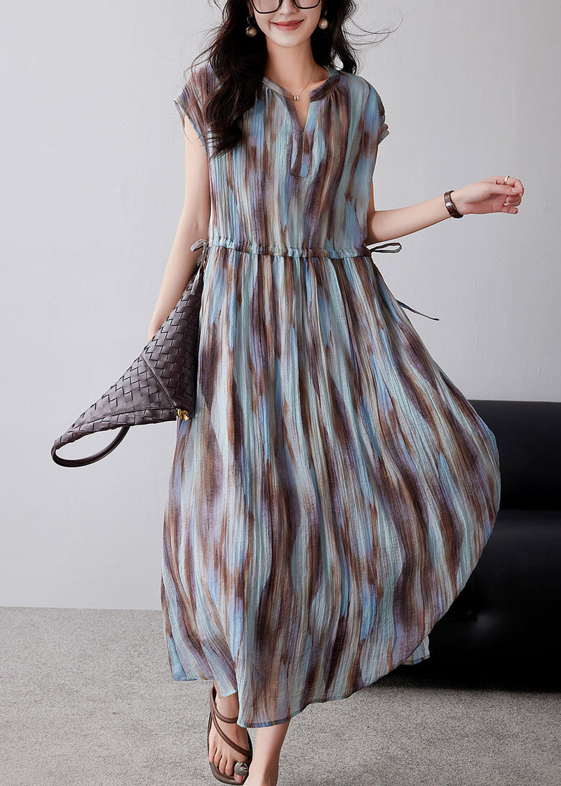 Organic Khaki Cinched Tie Dye Chiffon Maxi Dresses Summer Yy010
