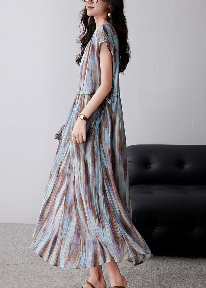 Organic Khaki Cinched Tie Dye Chiffon Maxi Dresses Summer Yy010