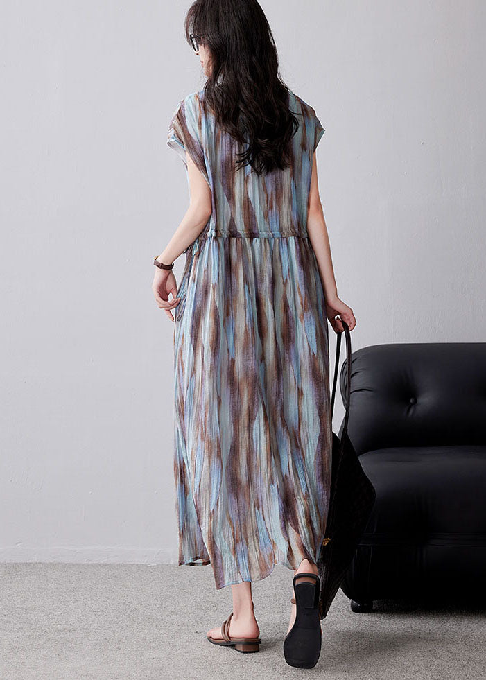 Organic Khaki Cinched Tie Dye Chiffon Maxi Dresses Summer Yy010