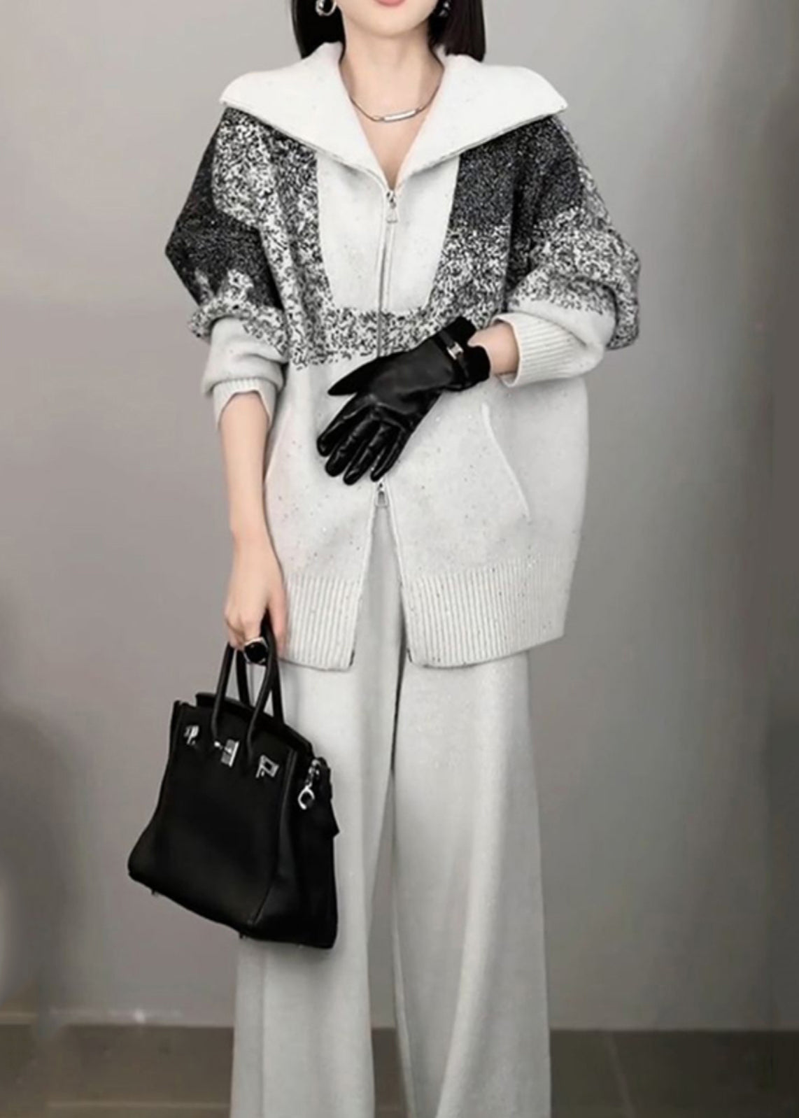 Organic Light Grey Print Zippered Cotton Knit Sweaters and Wide Leg Pants Two Pieces Set Winter Rf040