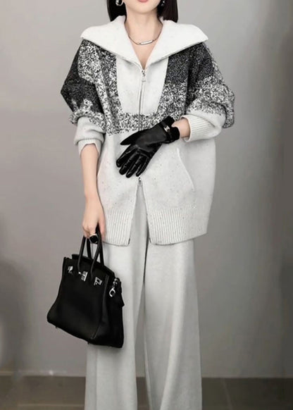 Organic Light Grey Print Zippered Cotton Knit Sweaters and Wide Leg Pants Two Pieces Set Winter Rf040